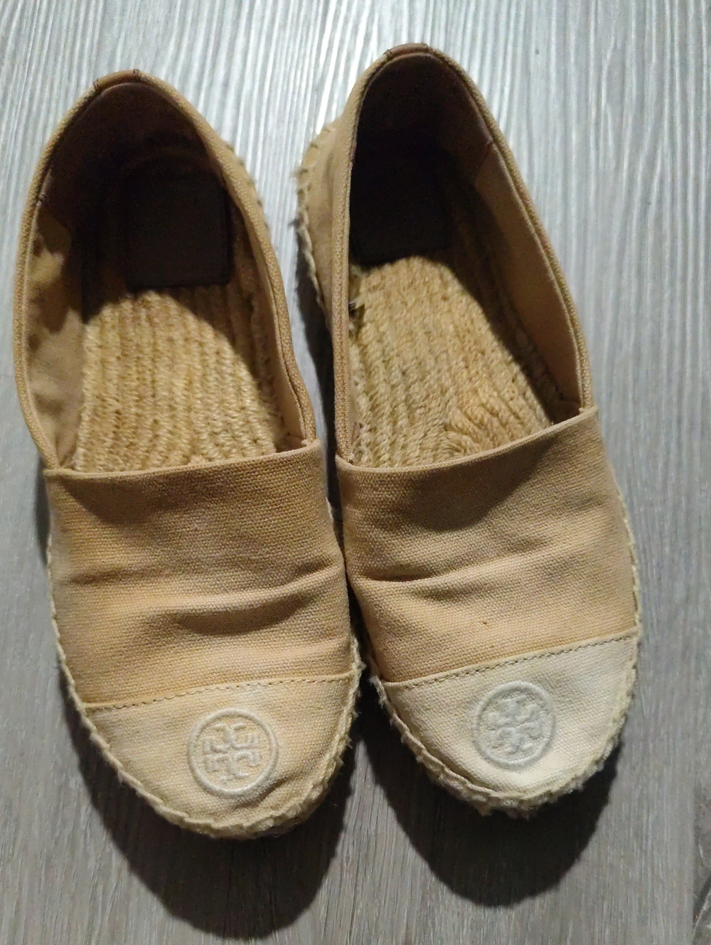 Tory Burch Beige Canvas Espadrille Flats with Logo Toe